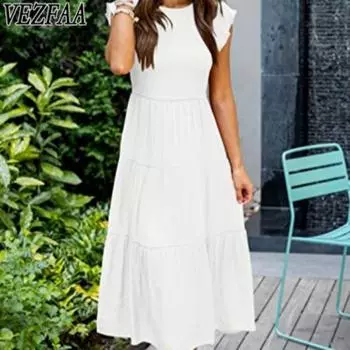 VEZFAA Женская мода лето весна однотонный принт с коротким рукавом и круглым вырезом повседневные платья S белый
