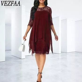 VEZFAA Женская мода Лето Весна Однотонный Принт Рукава 1/2 О-образный Вырез Свободная Талия Повседневные Платья S бордовый