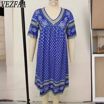 VEZFAA Женская мода лето весна однотонный принт короткий рукав V-образный вырез свободная талия повседневные платья S синий