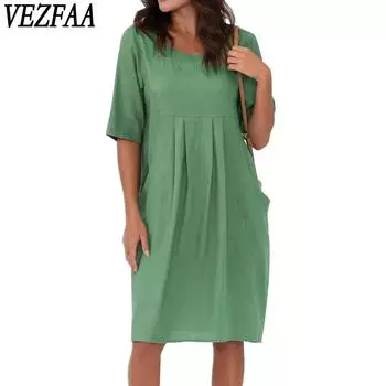 VEZFAA Женская мода лето весна однотонный принт рукава 1/2 О-образный вырез свободная талия повседневные платья S зелёный