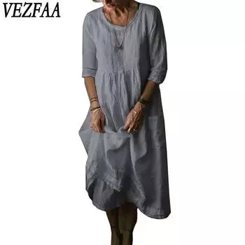 VEZFAA Женская мода лето весна однотонный принт рукава 1/2 О-образный вырез свободная талия повседневные платья S серый