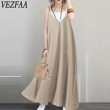 VEZFAA Женская мода лето весна однотонный принт без рукавов с v-образным вырезом свободная талия повседневные платья S абрикосовый