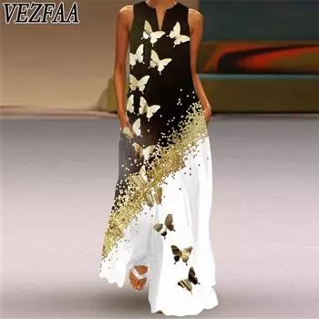 VEZFAA Женская мода лето весна принт бабочки без рукавов V-образный вырез средняя талия повседневные платья S