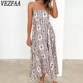 VEZFAA Женская мода лето весна принт без рукавов подтяжки средняя талия повседневные платья S