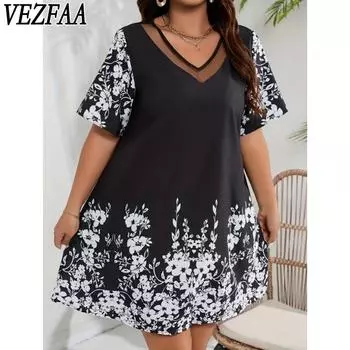 VEZFAA Женская мода Лето Весна Цветочный узор Принт Короткий рукав V-образный вырез Свободная талия Повседневные платья XL белый