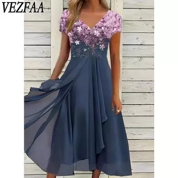 VEZFAA Женская мода Лето Весна Цветочный узор Принт Короткий рукав V-образный вырез Средняя талия Повседневные платья S