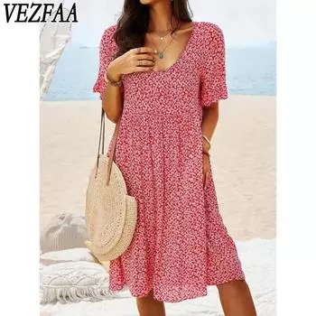 VEZFAA Женская мода Лето Весна Цветочный узор Принт Короткий рукав V-образный вырез Свободная талия Повседневные платья S жёлтый