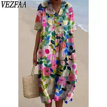 VEZFAA Женская мода Лето Весна Цветочный узор Принт Короткий рукав V-образный вырез Свободная талия Повседневные платья S