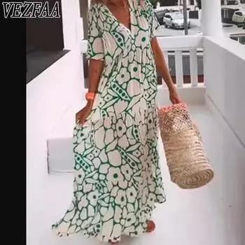 VEZFAA Женская мода Лето Весна Цветочный узор Принт Короткий рукав V-образный вырез Свободная талия Повседневные платья S зелёный