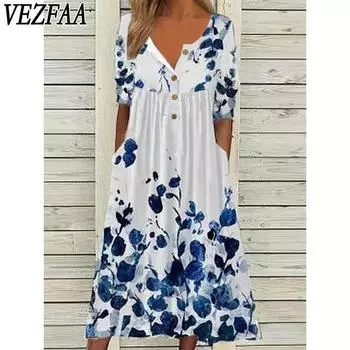 VEZFAA Женская мода Лето Весна Цветочный узор Принт Короткий рукав V-образный вырез Средняя талия Повседневные платья S
