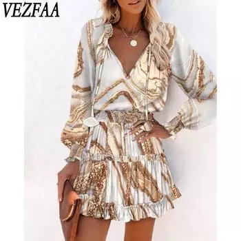 VEZFAA Женская мода Лето Весна Длинный рукав V-образный вырез Средняя талия Повседневные платья S