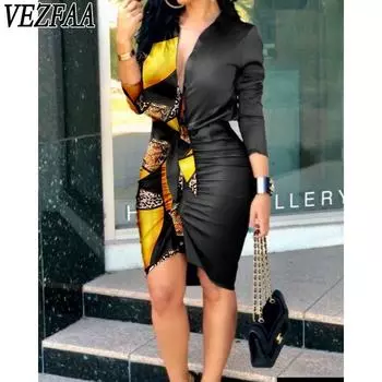 VEZFAA Женская мода Лето Весна Длинный рукав V-образный вырез Средняя талия Повседневные платья S красный