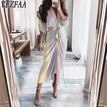 VEZFAA Женская мода Лето Весна Длинный рукав V-образный вырез Средняя талия Повседневные платья S белый