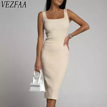 VEZFAA Женская мода Лето Весна Однотонный принт Без рукавов U-образный вырез Повседневные платья S белый