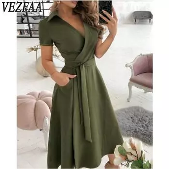 VEZFAA Женская мода Лето Весна Однотонный Принт Короткий Рукав Воротник-ПОЛО Средняя Талия Повседневные Платья S