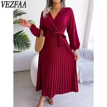 VEZFAA Женская мода Лето Весна Однотонный Принт Длинный Рукав V-образный Вырез Высокая Талия Повседневные Платья S красный