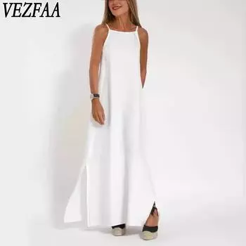 VEZFAA Женская мода лето весна однотонный принт без рукавов свободная талия повседневные платья S белый