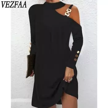 VEZFAA Женская мода Лето Весна Однотонный Принт Длинный Рукав Висячий Вырез Повседневные Платья S чёрный
