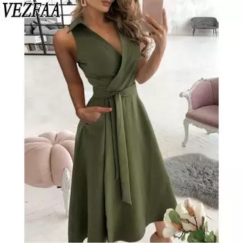 VEZFAA Женская мода Лето Весна Однотонный Принт Без Рукавов Поло Воротник Средняя Талия Повседневные Платья S фиолетовый