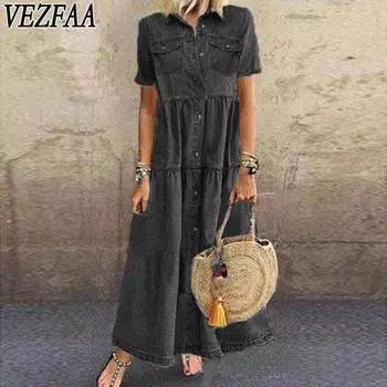 VEZFAA Женская мода Лето Весна Однотонный Принт Короткий Рукав Воротник-ПОЛО Средняя Талия Повседневные Платья S чёрный