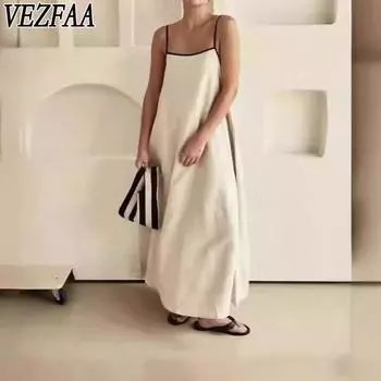 VEZFAA Женская мода лето весна однотонный принт без рукавов свободная талия повседневные платья S хаки