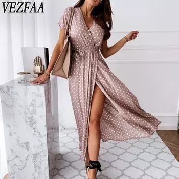 VEZFAA Женская мода лето-весна в горошек с коротким рукавом и v-образным вырезом со средней талией повседневные платья S розовый