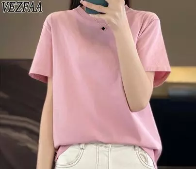 VEZFAA Женская мода на лето и весну, повседневные однотонные футболки и топы с круглым вырезом с короткими рукавами и принтом S белый