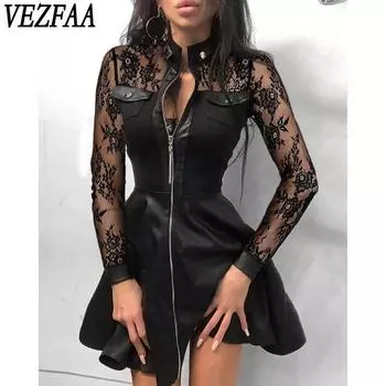 VEZFAA Женская мода осень-зима с длинным рукавом и воротником-стойкой Повседневные платья S чёрный