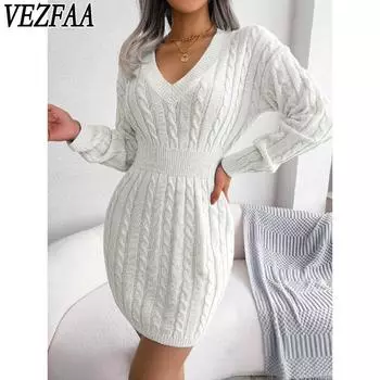 VEZFAA Женская мода осень-зима сплошной цвет печати с длинным рукавом V-образным вырезом с высокой талией повседневные платья S белый