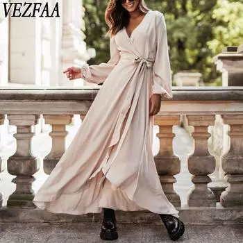 VEZFAA Женская мода осень-зима однотонные повседневные платья с длинным рукавом и V-образным вырезом S чёрный