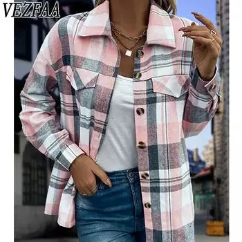 VEZFAA Женская мода повседневная клетчатая печать осень-зима с длинным рукавом воротник поло куртки и пальто S зелёный