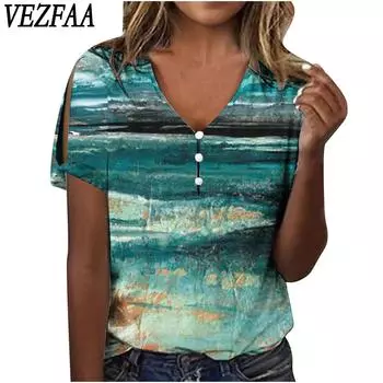 VEZFAA Женская мода Повседневная Летняя Весна Цветные Блоки Принт Короткие Рукава V-образный вырез Блузки и Рубашки S