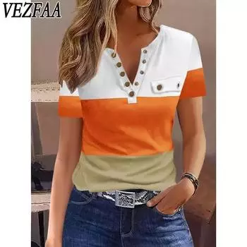 VEZFAA Женская мода Повседневная Летняя Весна Цветные Блоки Принт Короткие Рукава V-образный вырез Блузки и Рубашки S оранжевый