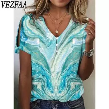 VEZFAA Женская мода Повседневная Летняя Весна Цветные Блоки Принт Короткие Рукава V-образный вырез Блузки и Рубашки S