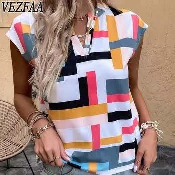 VEZFAA Женская мода Повседневная Летняя Весна Цветные Блоки Принт Короткие Рукава V-образный вырез Блузки и Рубашки S