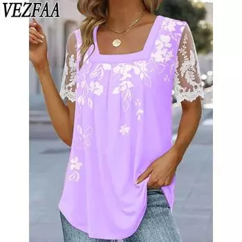 VEZFAA Женская мода Повседневная Летняя Весна Цветочный Узор Принт Короткие Рукава Квадратный Воротник Блузки и Рубашки S фиолетовый