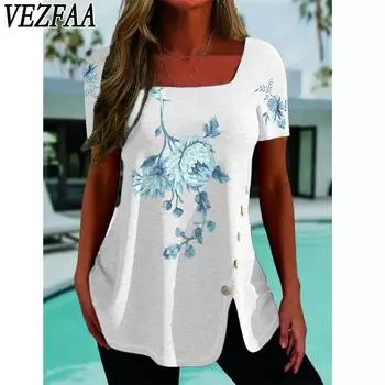 VEZFAA Женская мода Повседневная Летняя Весна Цветочный Узор Принт Короткие Рукава Квадратный Воротник Блузки и Рубашки S белый