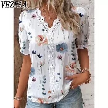 VEZFAA Женская мода Повседневная Летняя Весна Цветочный Узор Принт Короткие Рукава Кружева V-образный Вырез Блузки и Рубашки