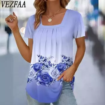 VEZFAA Женская мода Повседневная Летняя Весна Цветочный Узор Принт Короткие Рукава Квадратный Воротник Блузки и Рубашки S синий