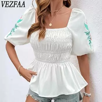 VEZFAA Женская мода Повседневная Летняя Весна Цветочный Узор Принт Короткие Рукава Квадратный Воротник Блузки и Рубашки S белый