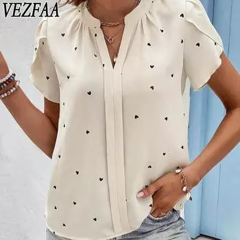 VEZFAA Женская мода Повседневная Летняя Весна Love Letter Print Короткие рукава V-образный вырез Блузки и рубашки S абрикосовый