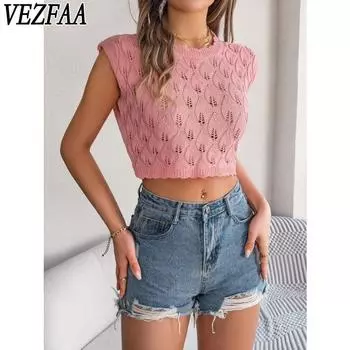 VEZFAA Женская мода Повседневная Летняя Весна Однотонные принты Без рукавов О-образный вырез Блузки и рубашки S розовый