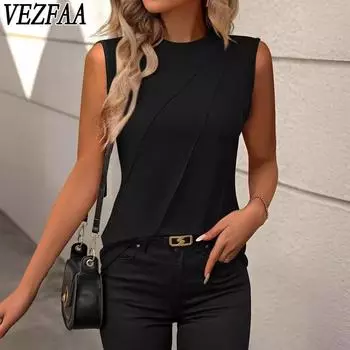 VEZFAA Женская мода Повседневная Летняя Весна Однотонные принты Без рукавов О-образный вырез Блузки и рубашки S чёрный