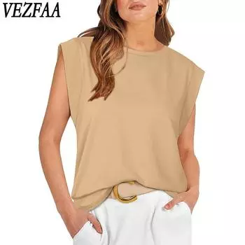 VEZFAA Женская мода Повседневная Летняя Весна Однотонные принты Без рукавов О-образный вырез Блузки и рубашки S чёрный