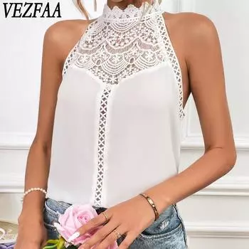 VEZFAA Женская мода Повседневная Летняя Весна Однотонные принты Без рукавов О-образный вырез Блузки и рубашки S белый