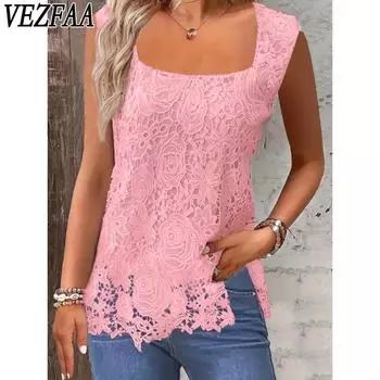 VEZFAA Женская мода Повседневная Летняя Весна Однотонный Принт Без Рукавов Блузки и Рубашки Квадратный Воротник S розовый