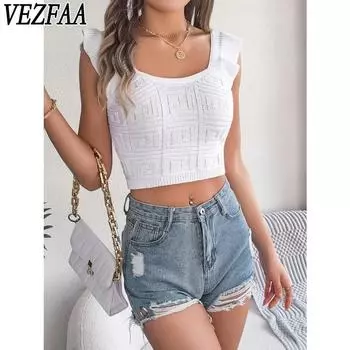 VEZFAA Женская мода Повседневная Летняя Весна Однотонный Принт Без Рукавов Блузки и Рубашки Квадратный Воротник S белый