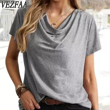 VEZFAA Женская мода Повседневная Летняя Весна Однотонный Принт Короткие Рукава U-образный Вырез Блузки и Рубашки S серый