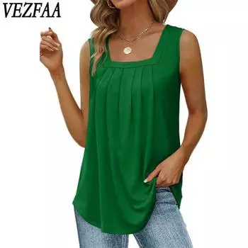 VEZFAA Женская мода Повседневная Летняя Весна Однотонный Принт Без Рукавов Блузки и Рубашки Квадратный Воротник S белый
