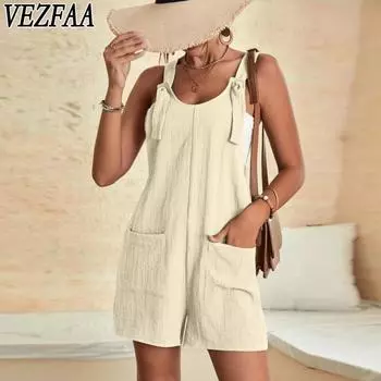 VEZFAA Женская мода Повседневная Летняя Весна Однотонный Принт Без Рукавов Подтяжки Свободные Брюки Талии Комбинезоны и Ромперы S чёрный